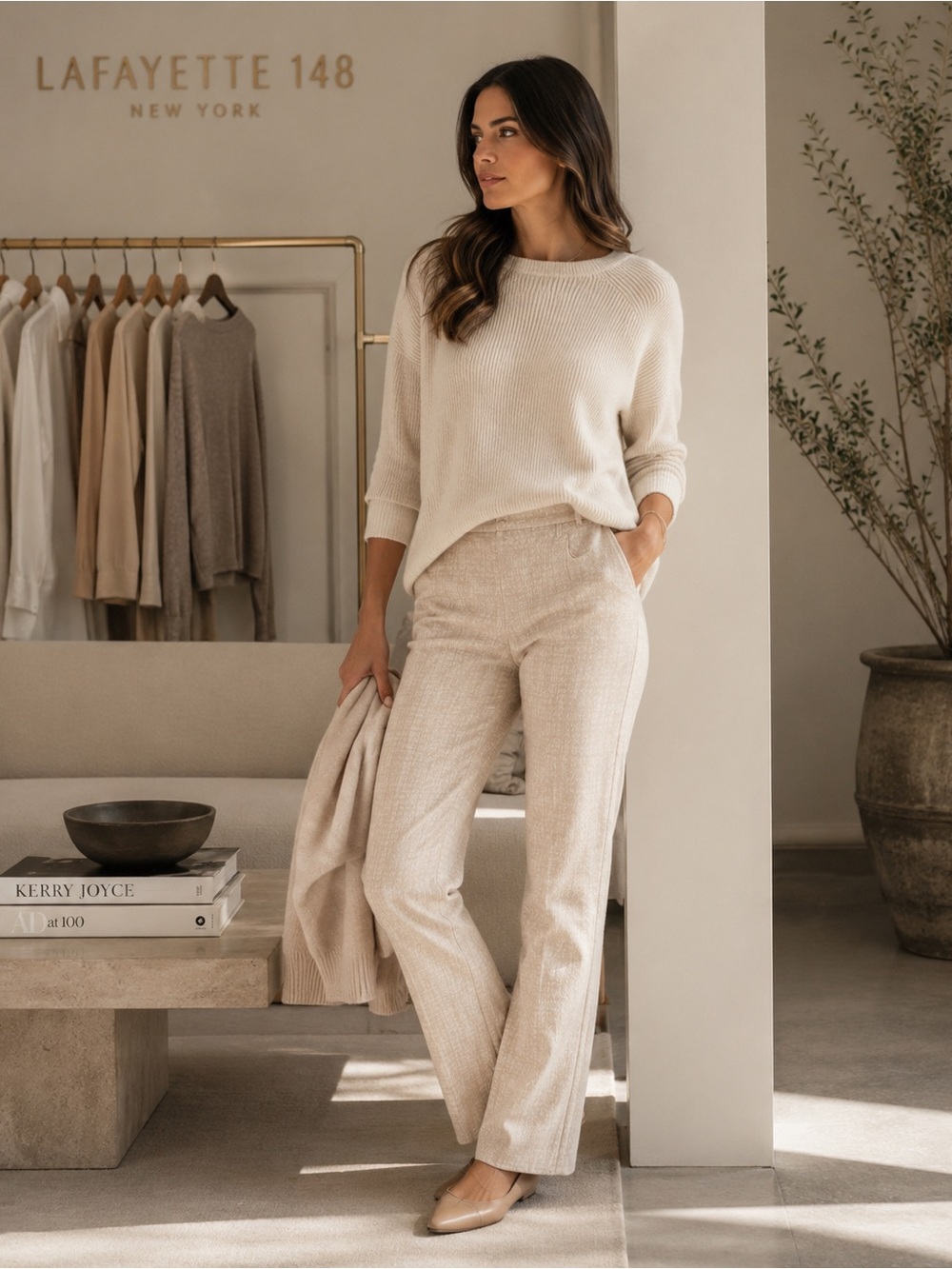 LAFAYETTE 148 NY Women’s LINEN COTTON Blend Trousers Pants 14 Straight Tan Print